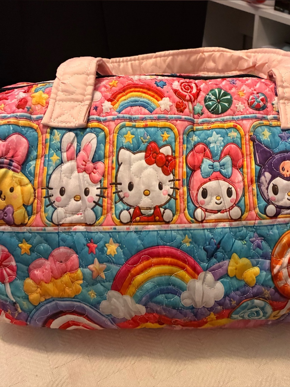Sanrio Rainbow Hello Kitty Quilted Pink Multicolor Duffel Brand New